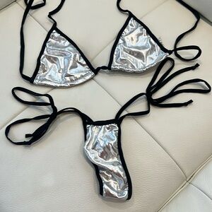 Silver & Black Metallic Tie Side Thong Bikini by Wild Style Size S/M - NWOT